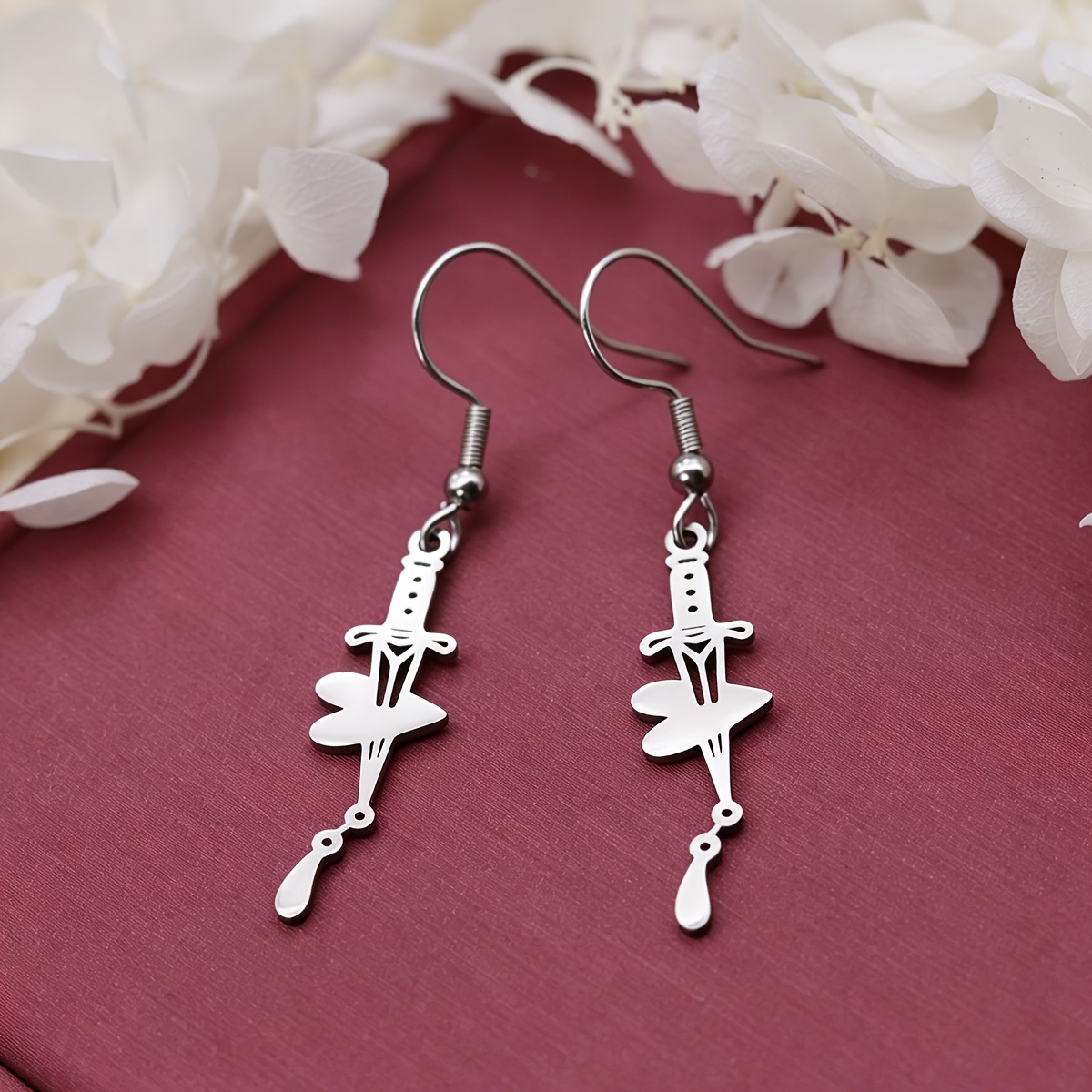 Women's Floral Dagger Teardrop Drop Earrings, Vintage Gothic Style